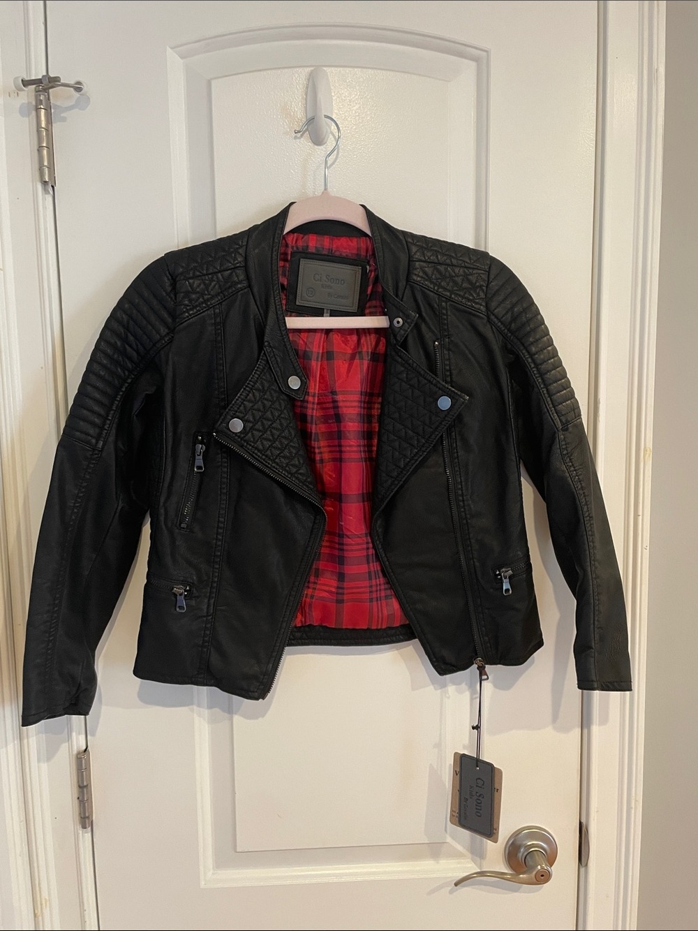 Ci Sono Black Jean-Style Jacket with Red Plaid Lining